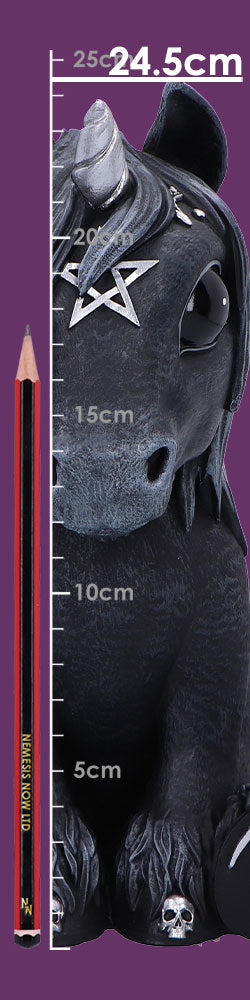 Black horned unicorn figurine sits facing forward on a purple background beside a vertical centimeter scale and a red-black pencil; text: 24.5cm, 25cm, 20cm, 15cm, 10cm, 5cm, NEMESIS NOW LTD.