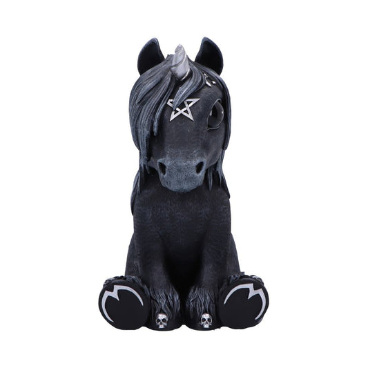 Black unicorn figurine sits facing forward with mane over one eye, horn and pentagram clip, skulls between hooves and white crescent markings on paw pads on a white background.