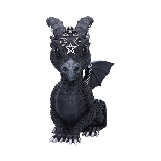 Black baby dragon figurine sits and stares forward, adorned with silver horns, pentagram and crescent motifs on its forehead, folded wings and textured scales against a white background.