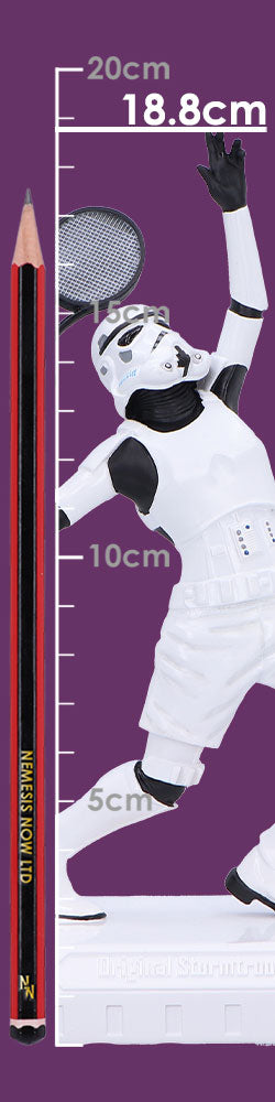 White stormtrooper figurine leaping upward beside a pencil and vertical ruler on a purple background; scale markings read 5cm 10cm 15cm 20cm and 18.8cm, pencil text reads NEMESIS NOV LTD.