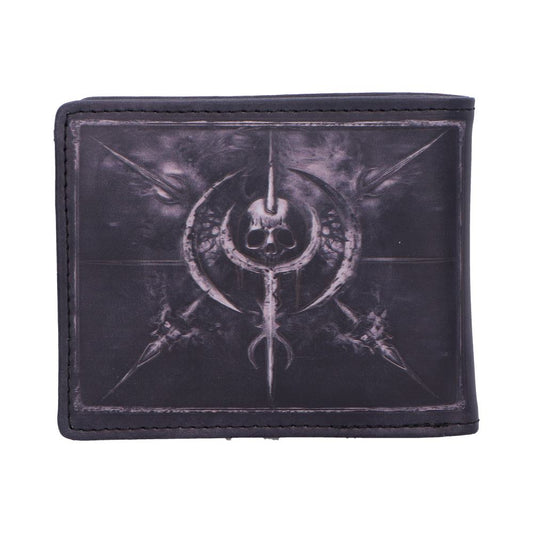 Black bi-fold wallet displaying a faded gothic skull-and-crescent emblem centered on its front, positioned flat against a plain white background with visible stitched edges and weathered texture.