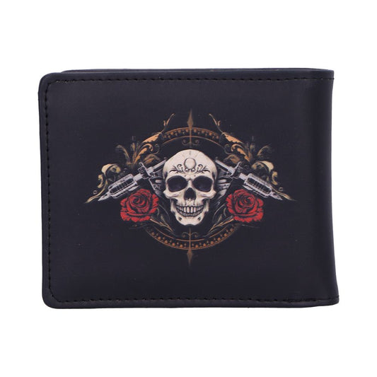 black bifold wallet displays a white skull centered between two crossed guns and red roses on a decorative circular background photographed against a white background