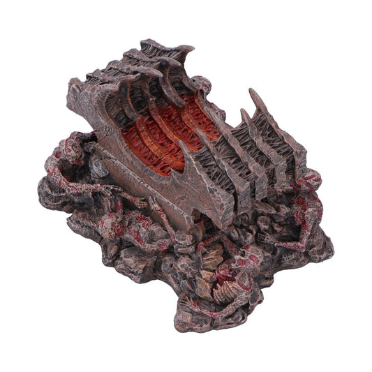 Weathered ribcage sculpture reveals glowing red interior, sitting amid twisted bones and sinewy tendrils on a rocky base, textured brown and crimson suggesting a macabre fossilized altar.