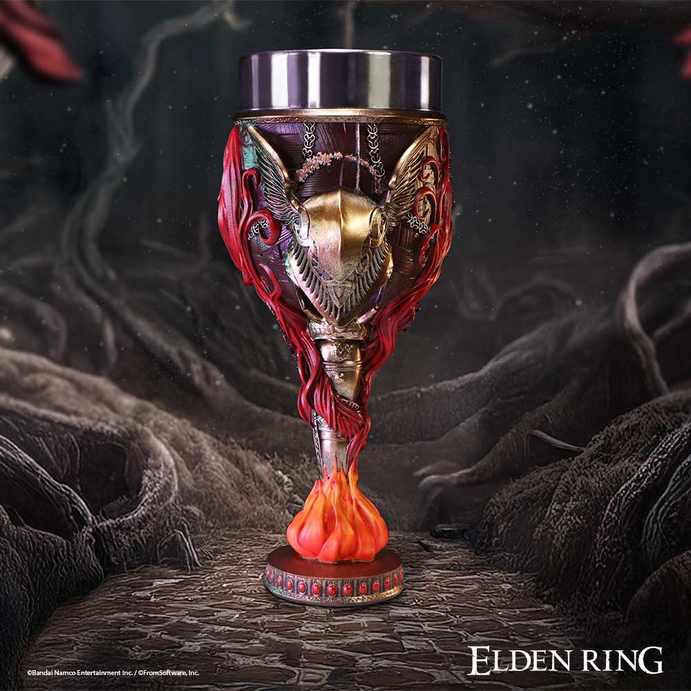 Elden Ring Malenia goblet in a styled gaming collectible photograph