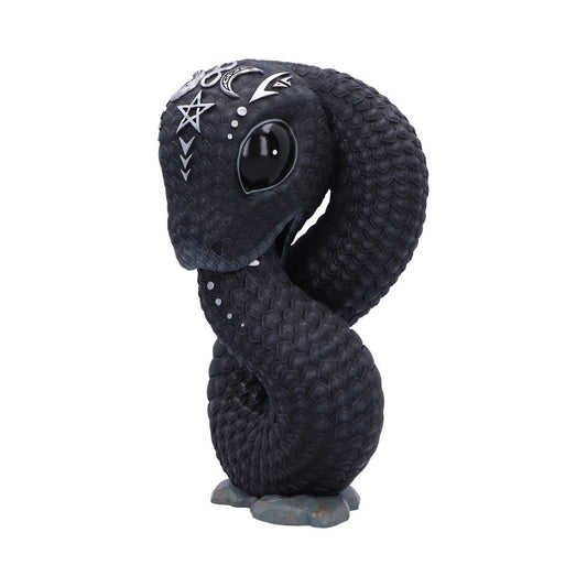 Black stylized snake sculpture coils upward, displaying glossy large eyes and silver occult markings on its head, standing on a small stone base against a plain white background.