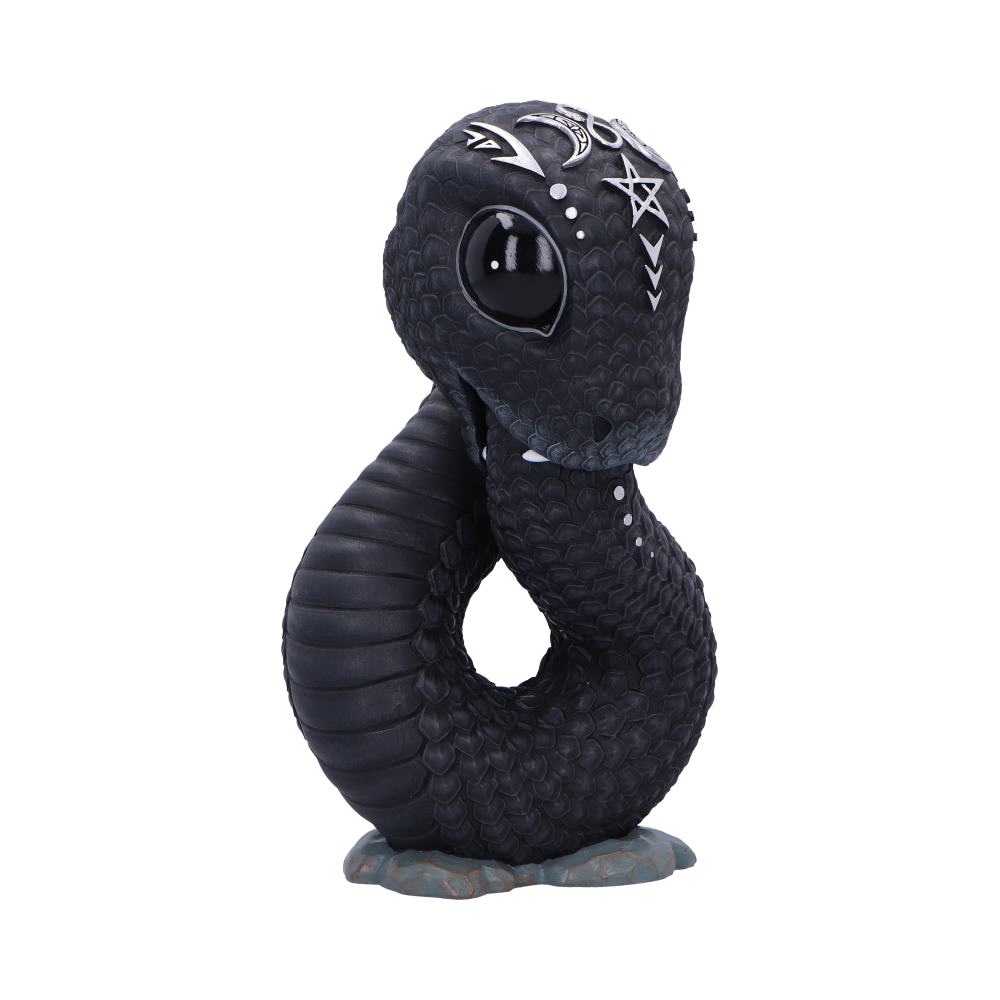 Black stylized snake figurine with glossy eyes and white decorative symbols, coiled into an S-shape with head raised, resting on a small rocky base against a white background.