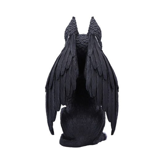 Black winged cat statue sits with folded feathered wings draped over its back against a plain white background.