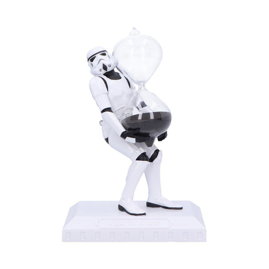 Angled view of Stormtrooper Time’s Up holding a clear hourglass with black sand