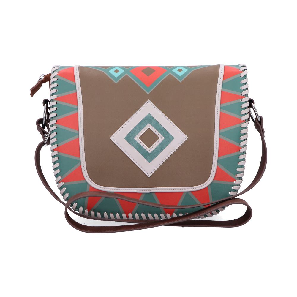 Crossbody bag features tan flap with central white-and-turquoise diamond, coral and teal geometric trim, whipstitched edges and brown leather strap, resting on a white studio background.