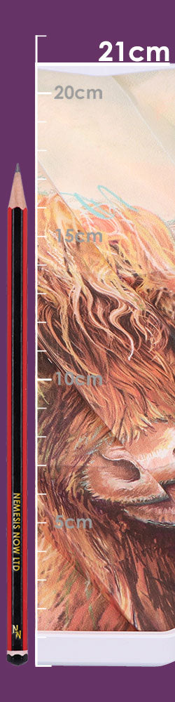 Painted Highland cow head on a vertical sheet being measured by a side scale marked 21cm 20cm 15cm 10cm 5cm, with a red-and-black pencil labeled NEMESIS NOW LTD beside it on a purple background.