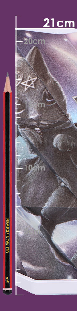Black cat figurine wearing a hood stares forward partially obscured by a vertical measurement scale and a pencil on a purple background; text reads "21cm 20cm 10cm NEMESIS NOW LTD"