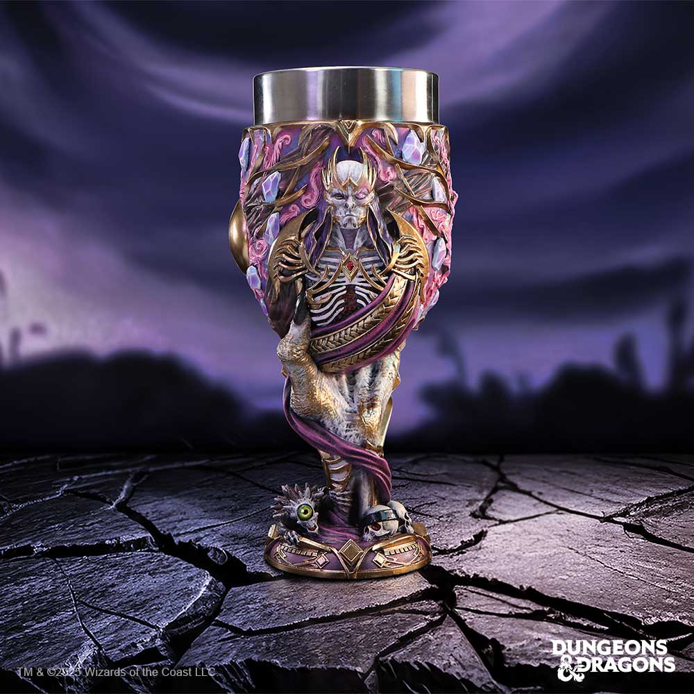 Ornate goblet shaped like a robed skeletal figure clutching a jeweled cup, base with skull and eyeball, standing on cracked stone under a swirling purple sky TM & © 2023 Wizards of the Coast LLC DUNGEONS & DRAGONS