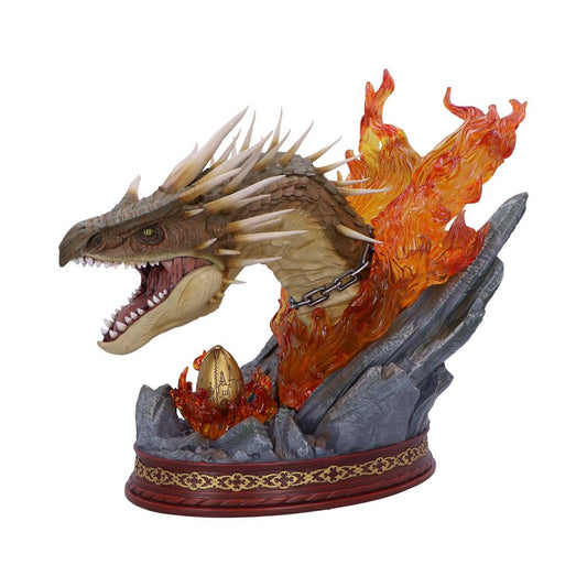 Hungarian Horntail head with open jaws, pale horns, orange fire and golden egg