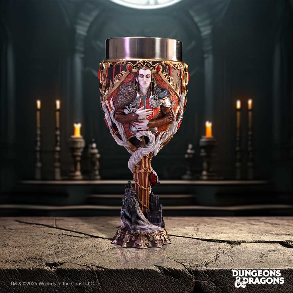 Ornate chalice stands on a cracked stone altar, stem wrapped by a sculpted wolf and swirling mist, cup shows a pale cloaked figure; candles flicker in a dark hall; text: DUNGEONS & DRAGONS; TM & ©2025 Wizards of the Coast LLC.