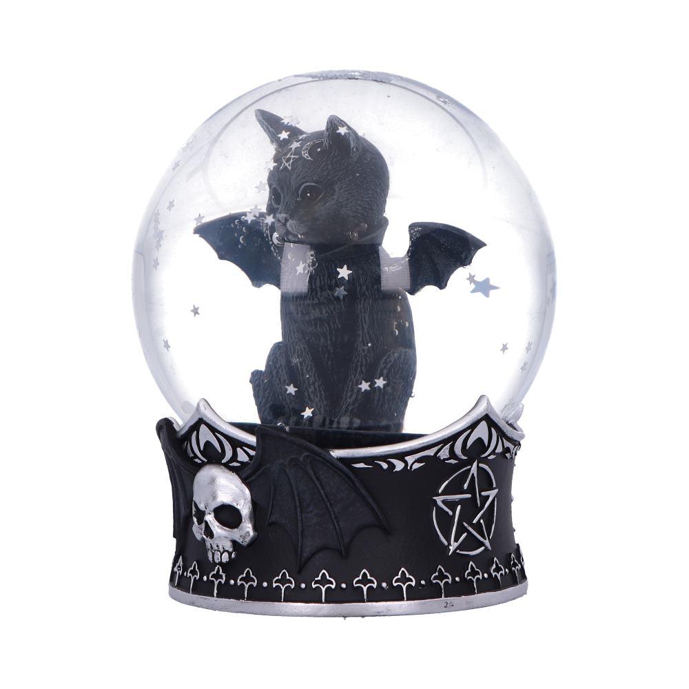 Glass globe contains black cat figurine with bat wings sitting amid floating star confetti, resting on a gothic base decorated with a skull, bat wing and pentagram.