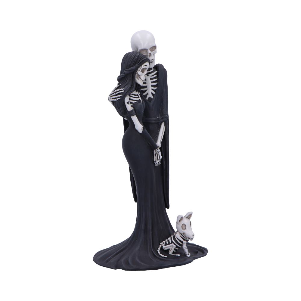 Skeletal couple embraces: tall skull-faced figure in black cloak holds a female skeleton in a long black gown, a small skeletal dog sits at their feet on a white background.