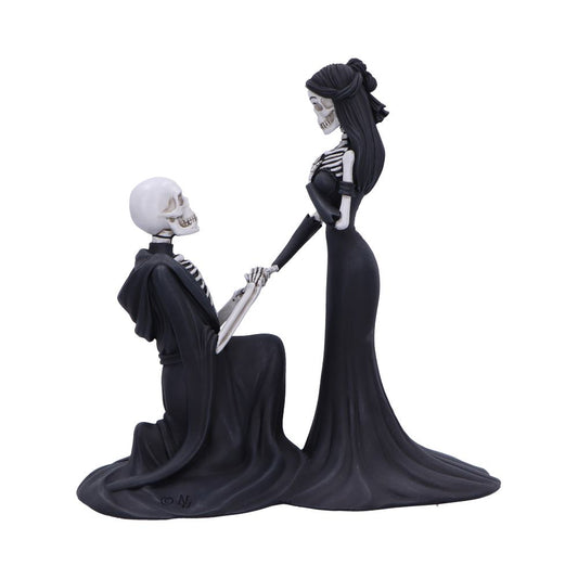 Two skeletal figures, one kneeling and offering hands, the other standing in a long dress accepting the touch against a plain white background; text: © N.