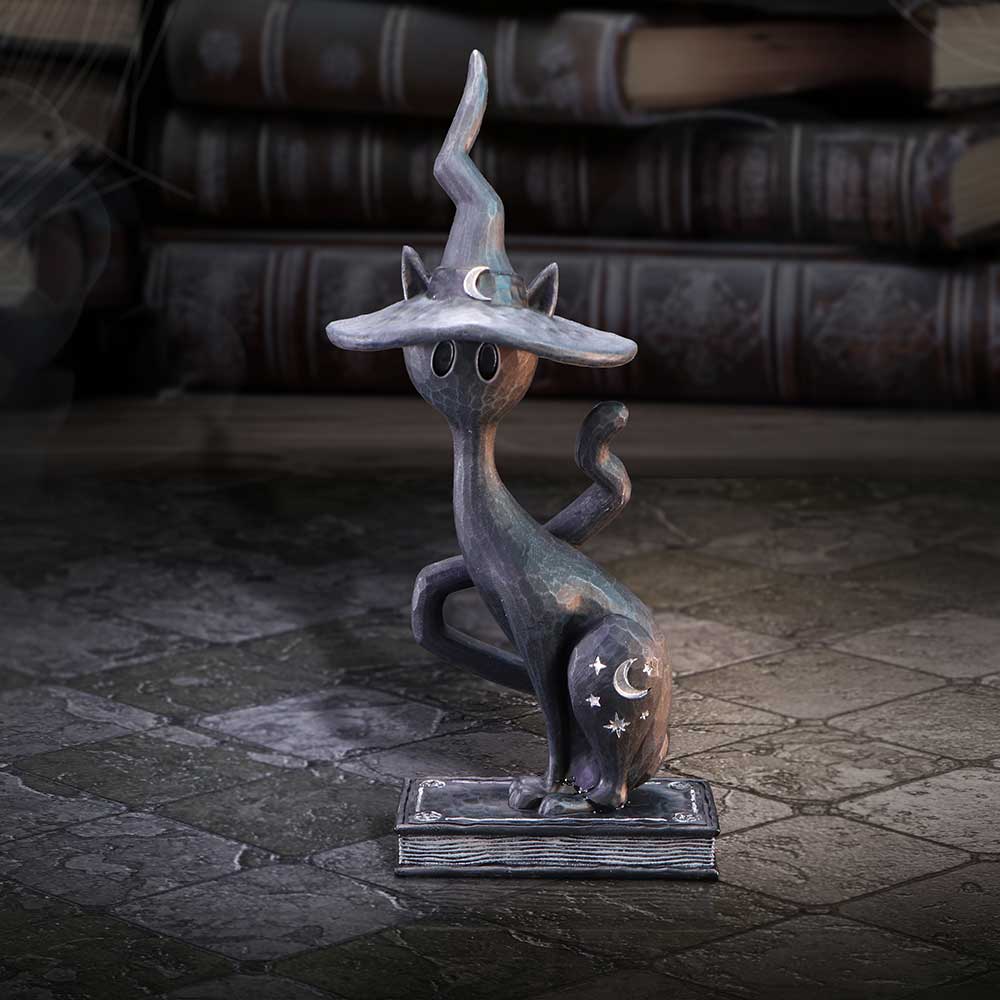 Enchant Spell Cat Figurine – black resin cat with crooked witch’s hat on a spell book base