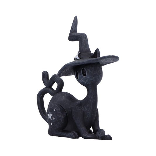 Black cat figurine wearing a crooked witch hat sits with a curled looped tail and silver star decals on its haunch against a plain white background.