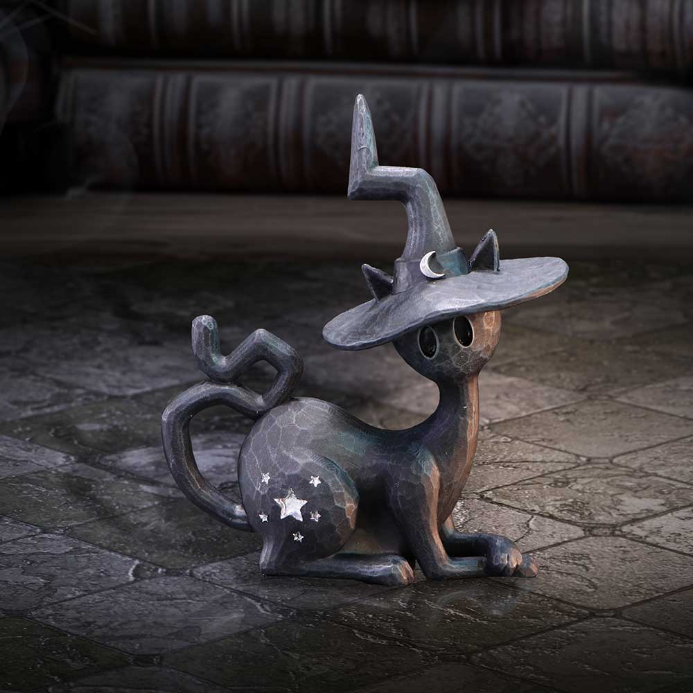 Charm Spell Cat Figurine – black resin Spell Cats familiar wearing a crooked witch’s hat with silver details