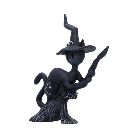 Dark sculpted cat wearing a tall crooked witch hat clutches a gnarled broom and perches on a textured broom base, its round black eyes and star motif visible against a white background.