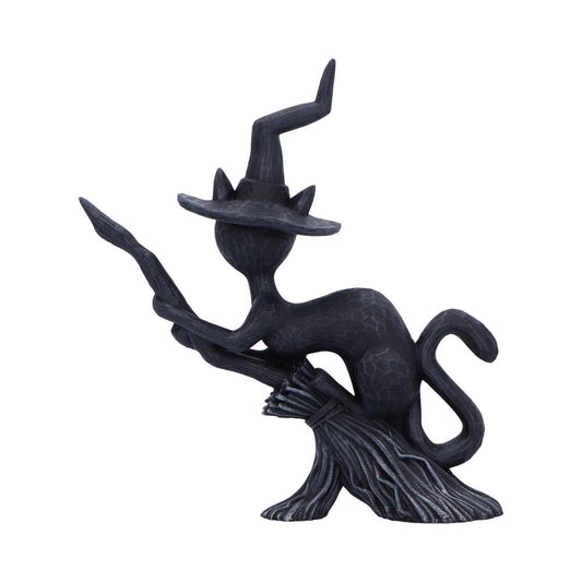 Stylized black cat figurine wearing a pointed witch hat perched on a broomstick with curled tail against a white background.