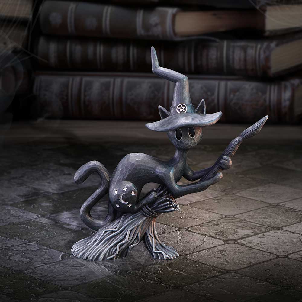 Bewitch Spell Cat Figurine – black resin cat riding a broomstick witch-themed ornament