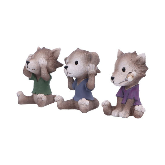 Three small wolf figurines sit: one covers its eyes, one covers its ears, one covers its mouth, each wearing a colored shirt on a white background.