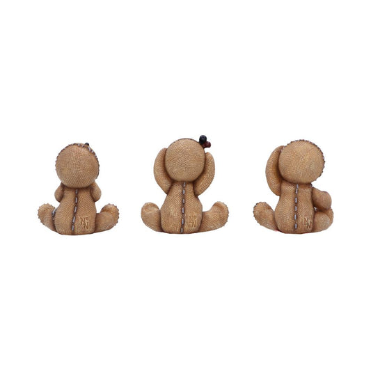 Three small stitched teddy bears sit facing away, each holding or covering an ear, arranged left-center-right on a white background with the text N°W printed on their lower backs.