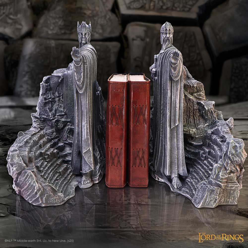 Argonath bookends framing books on a dark Lord of the Rings themed background