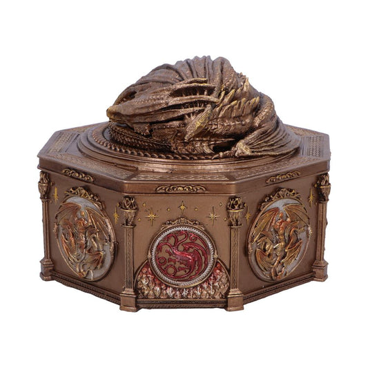 Bronze octagonal jewelry box featuring a curled dragon sculpture atop, embossed dragon medallions and star motifs on its sides, ornate pillars and filigree detailing against a white background.