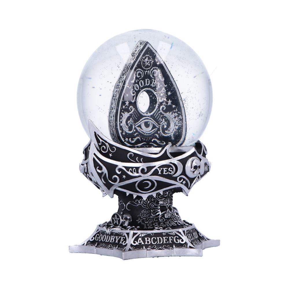 Crystal ball rests on an ornate black and silver Ouija-style base with eye and skull motifs against a white background Text: GOODBYE; YES; NO; ABCDEFG