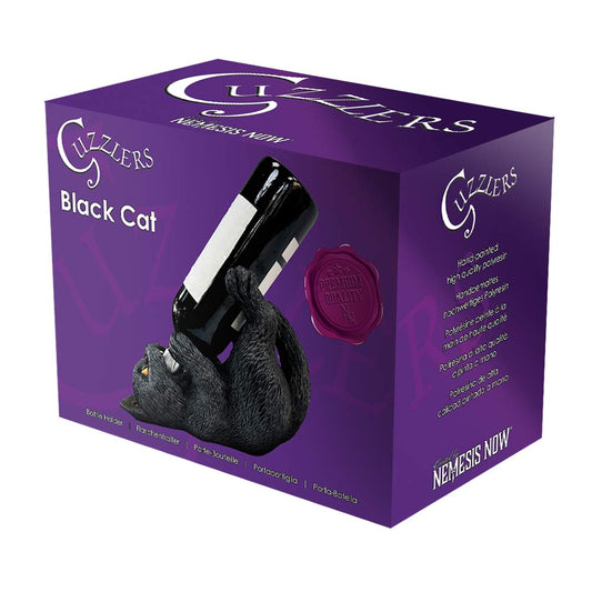 Black cat figurine grips an inverted wine bottle while lying on its back against a purple retail box; Text: CUZZLERS; Black Cat; PREMIUM QUALITY; Hand-painted high quality polyresin; Handbemalt hochwertiges Polyresin; Peint a la main polyresine de haute qualite; Resina de alta calidad pintada a mano; Bottle Holder | Flaschenhalter | Porte-bouteille | Portabottiglia | Porta-Botella; NEMESIS NOW