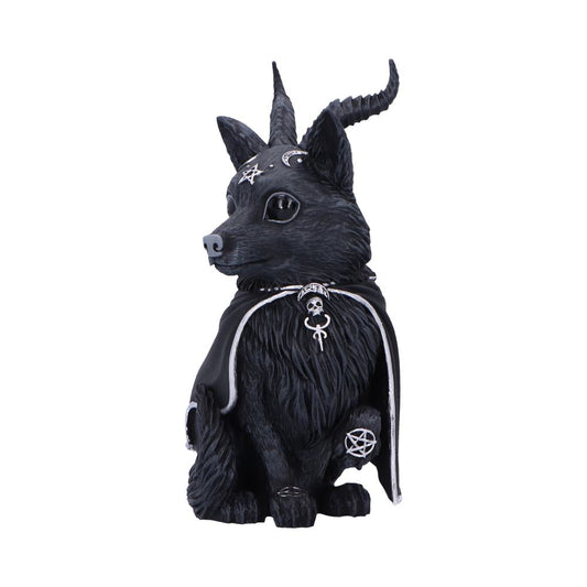 A black horned fox figurine sits facing slightly left, wearing a flowing cloak decorated with a skull pendant, pentagram and crescent symbols, displayed against a plain white background.