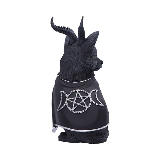 Horned wolf figurine sits facing away wearing a black cloak emblazoned with a silver triple moon and pentagram symbol against a plain white background.