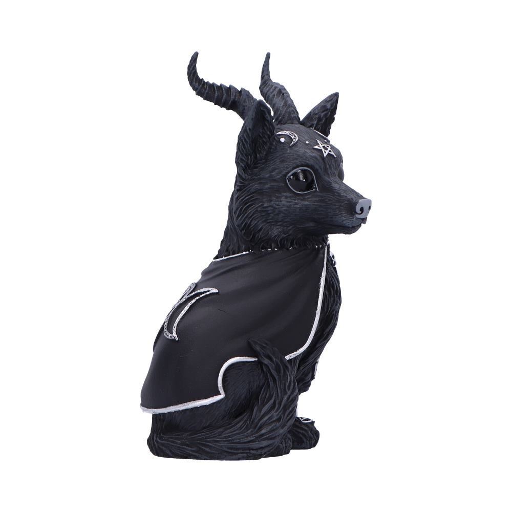 Horned black fox-like figurine sits looking right, wearing a silver-trimmed black cloak decorated with a crescent, and bearing crescent and pentagram markings on its forehead against a plain white background.