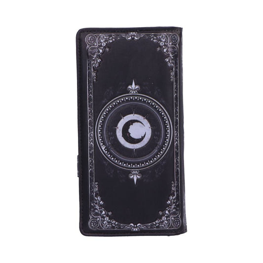 Black rectangular wallet displays a centered ornate circular emblem with a white crescent moon and decorative floral border, resting upright against a plain white background.