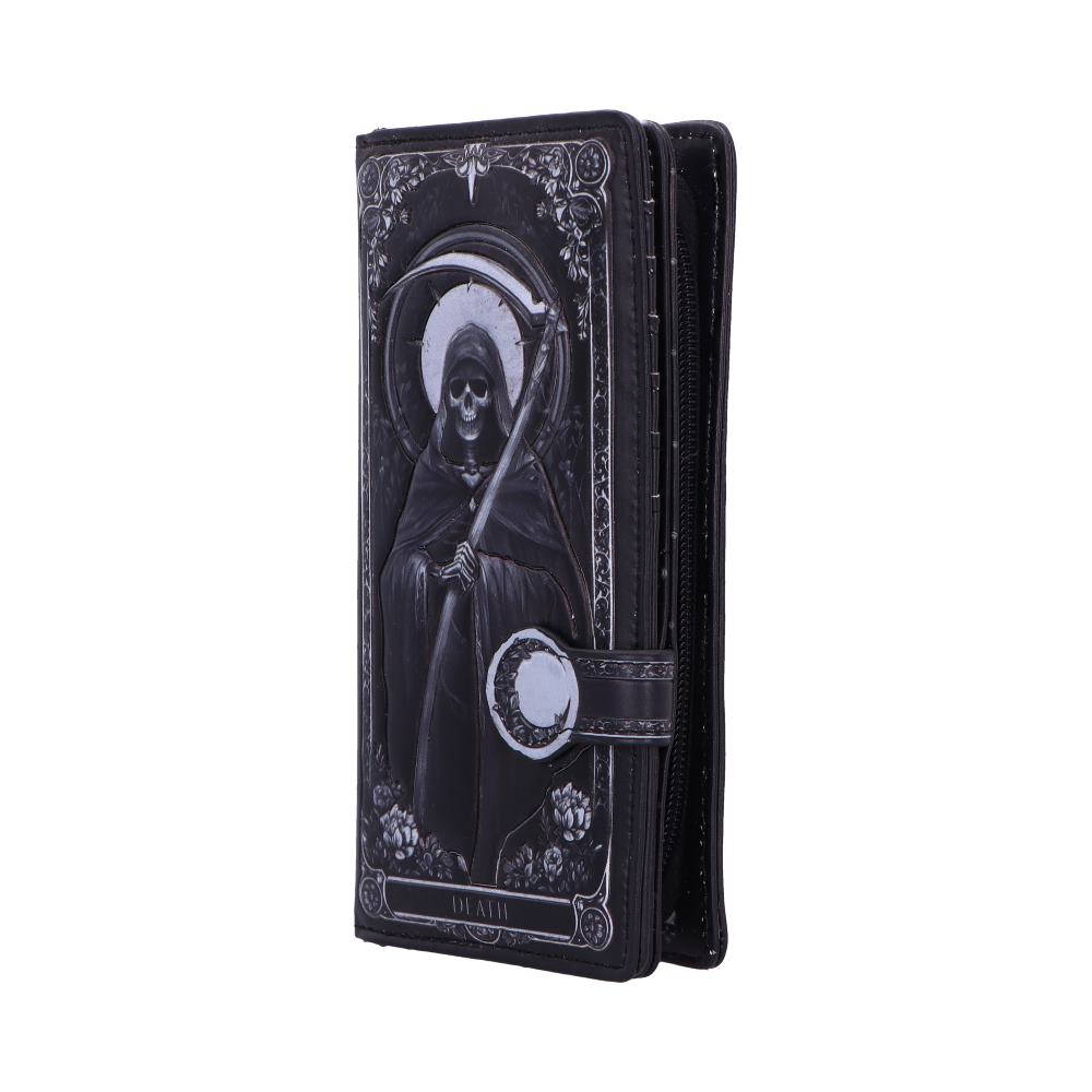 Black zip-around wallet depicting a hooded skeletal reaper holding a scythe labeled DEATH, ornate border details, photographed upright on a plain white background.