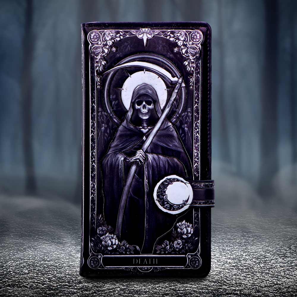 Skeleton Tarot Embossed Purse – black zip-around purse with tarot skeleton motif embossing