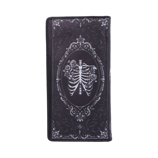Black rectangular wallet depicts a white ribcage with roses inside an ornate oval frame, standing upright against a plain white background.