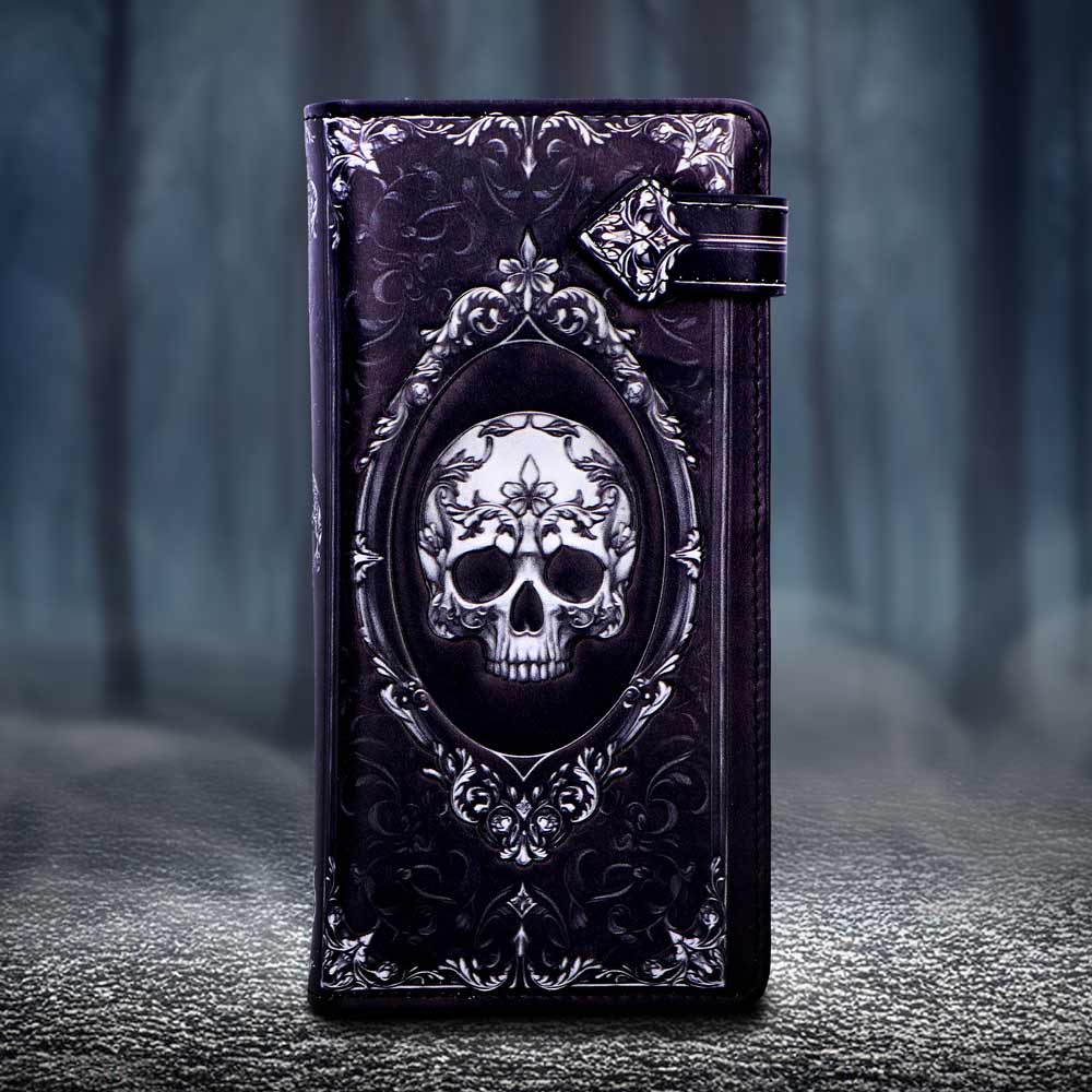Baroque Skull Embossed Purse – black zip-around wallet with ornate skull motif