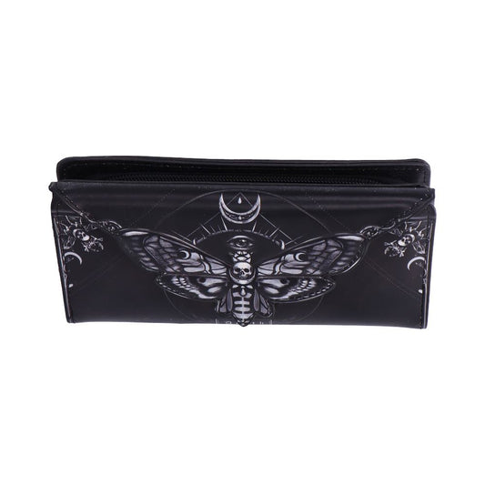 Black zip wallet displays a large stylized moth with skull and central eye beneath a crescent moon, resting on a plain white studio background.