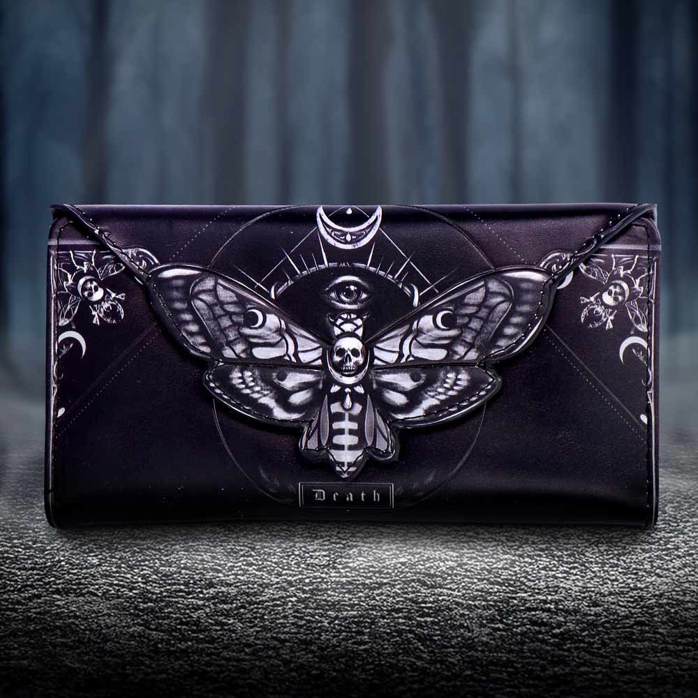 Death’s Head Moth Embossed Purse – black zip-around wallet with gothic embossed moth motif