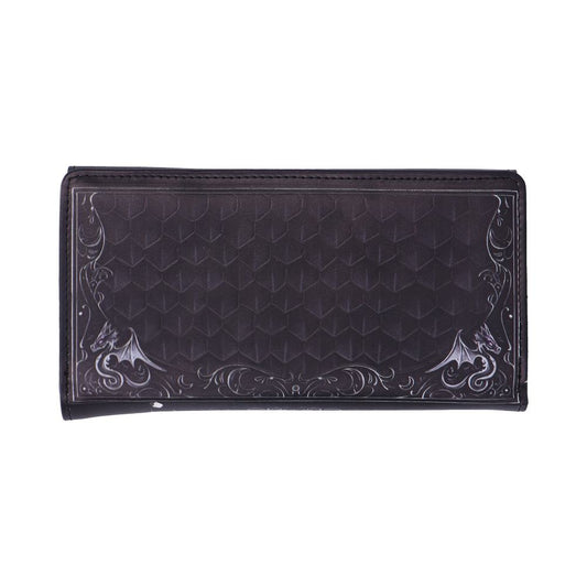 Black rectangular wallet rests flat on a white background, embossed hex pattern across its surface with decorative dragon corner flourishes and visible stitched edges.