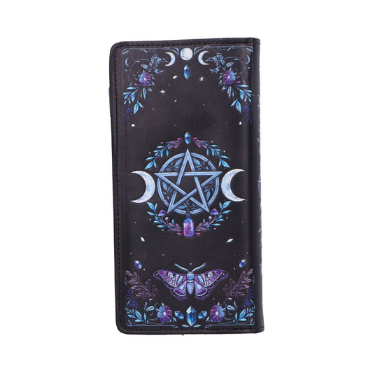 A black rectangular wallet shows a blue-purple pentagram flanked by crescent moons, surrounded by floral wreaths, crystals, a small potion bottle and a purple moth against a white background.