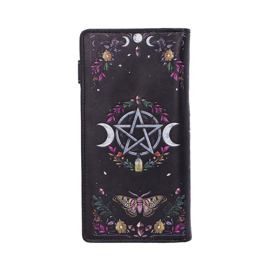Black folio wallet features a central pentagram flanked by crescent moons, surrounded by floral wreaths, crystals and a moth, photographed against a plain white background.