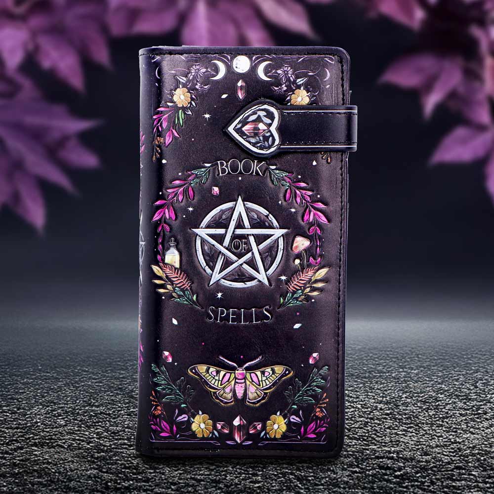 Book of Spells Embossed Purse – black zip-around wallet with embossed spellbook motif