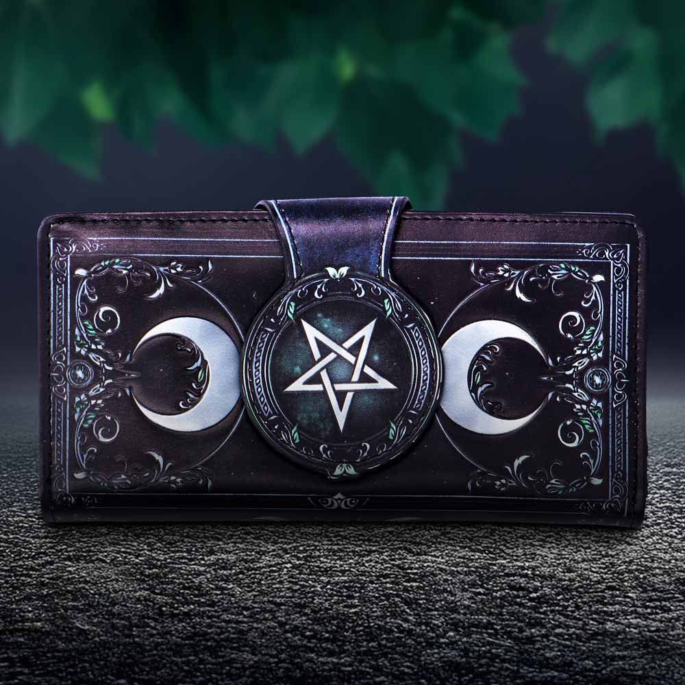 Triple Moon Embossed Purse – black zip-around purse with embossed triple moon motif