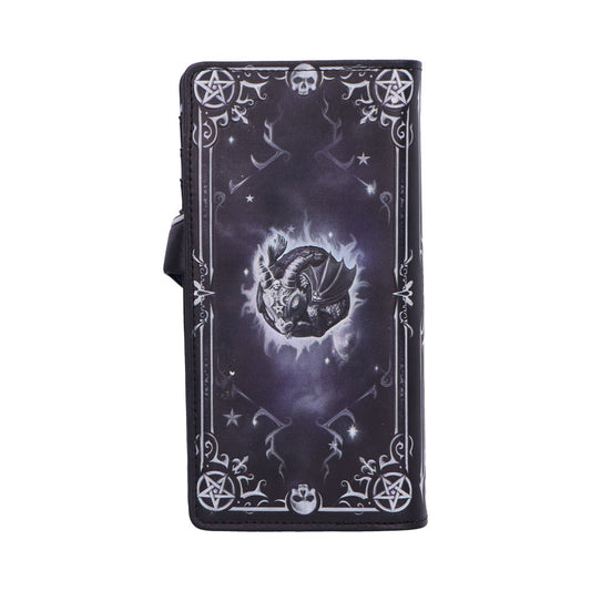 Black rectangular wallet displays a central curled horned dragon skull motif surrounded by glowing aura, decorative pentagrams and skull icons along ornate border, photographed on a plain white studio background.