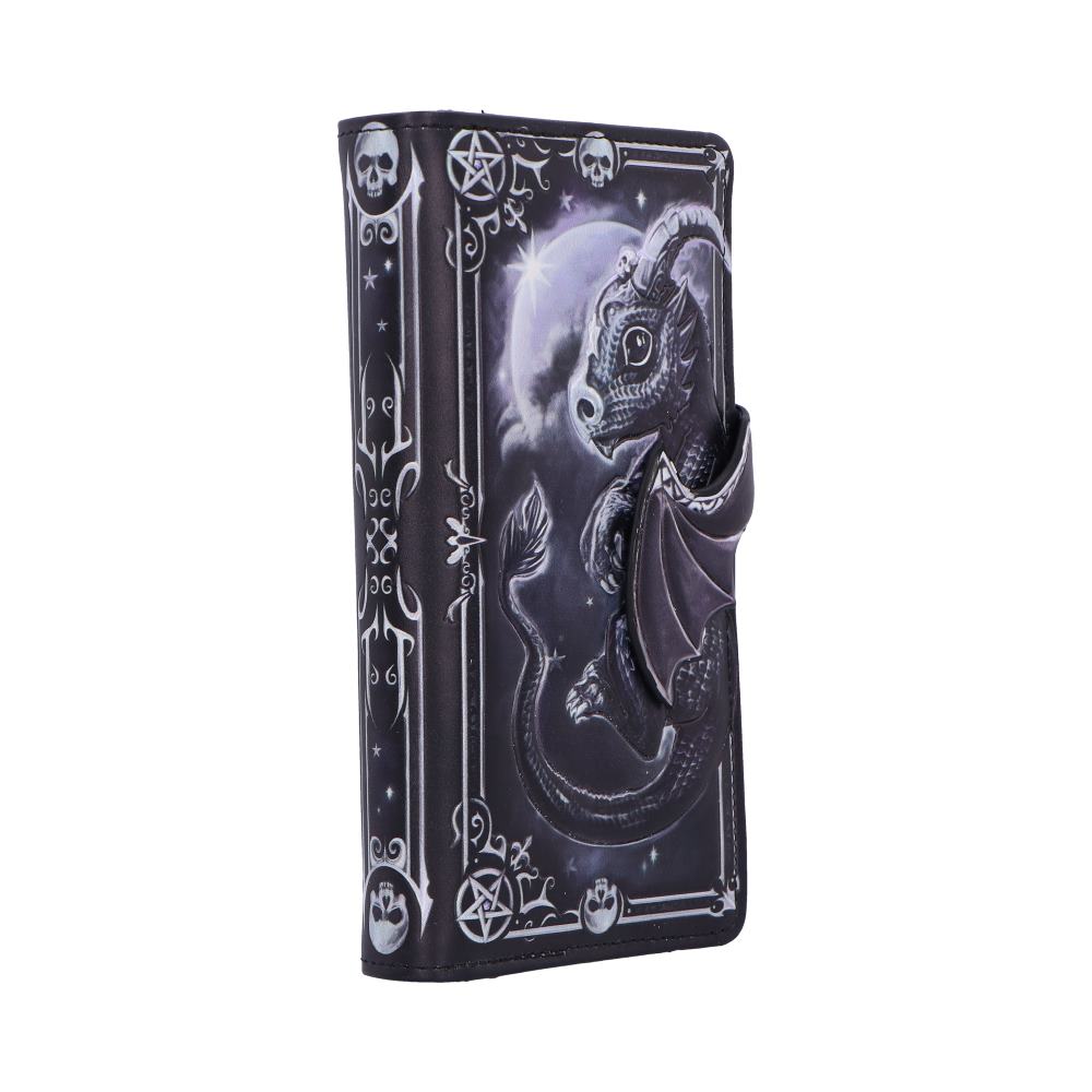 Gothic wallet featuring a sculpted baby dragon curled around a moonlit scene, decorated with skulls, pentagrams and ornate silver filigree on a white studio background.